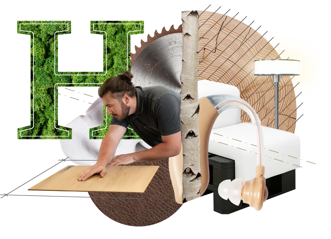 Bildkollage, Handwerker mit Holzplatte, Materialien, Holz, Leder, Birke, Lampe, Sitzpolster, H wie Hörakustik