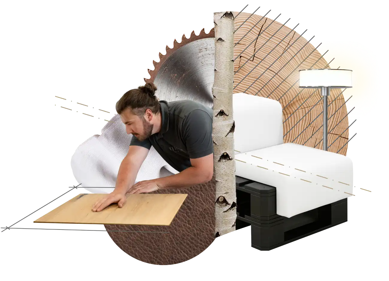 Bildkollage: Handwerker mit Holzplatte, Materialien Holz, Leder, Birke, Lampe, Sitzpolster