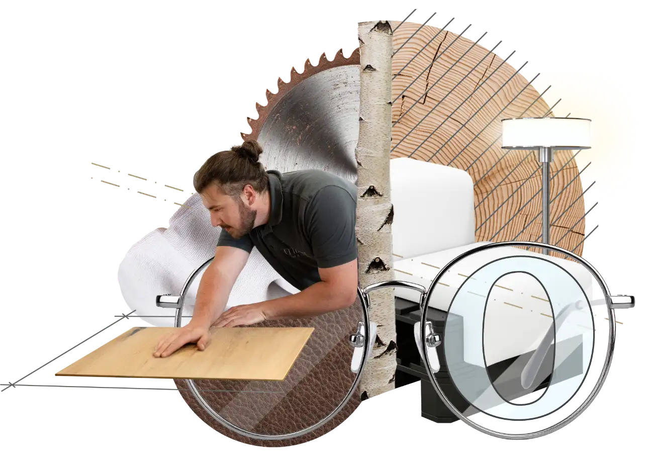 Bildkollage, Handwerker mit Holzplatte, Materialien, Holz, Leder, Birke, Lampe, Sitzpolster, O wie Optiker