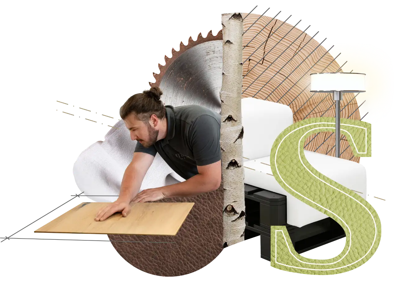 Bildkollage, Handwerker mit Holzplatte, Materialien, Holz, Leder, Birke, Lampe, Sitzpolster, S wie Showroom
