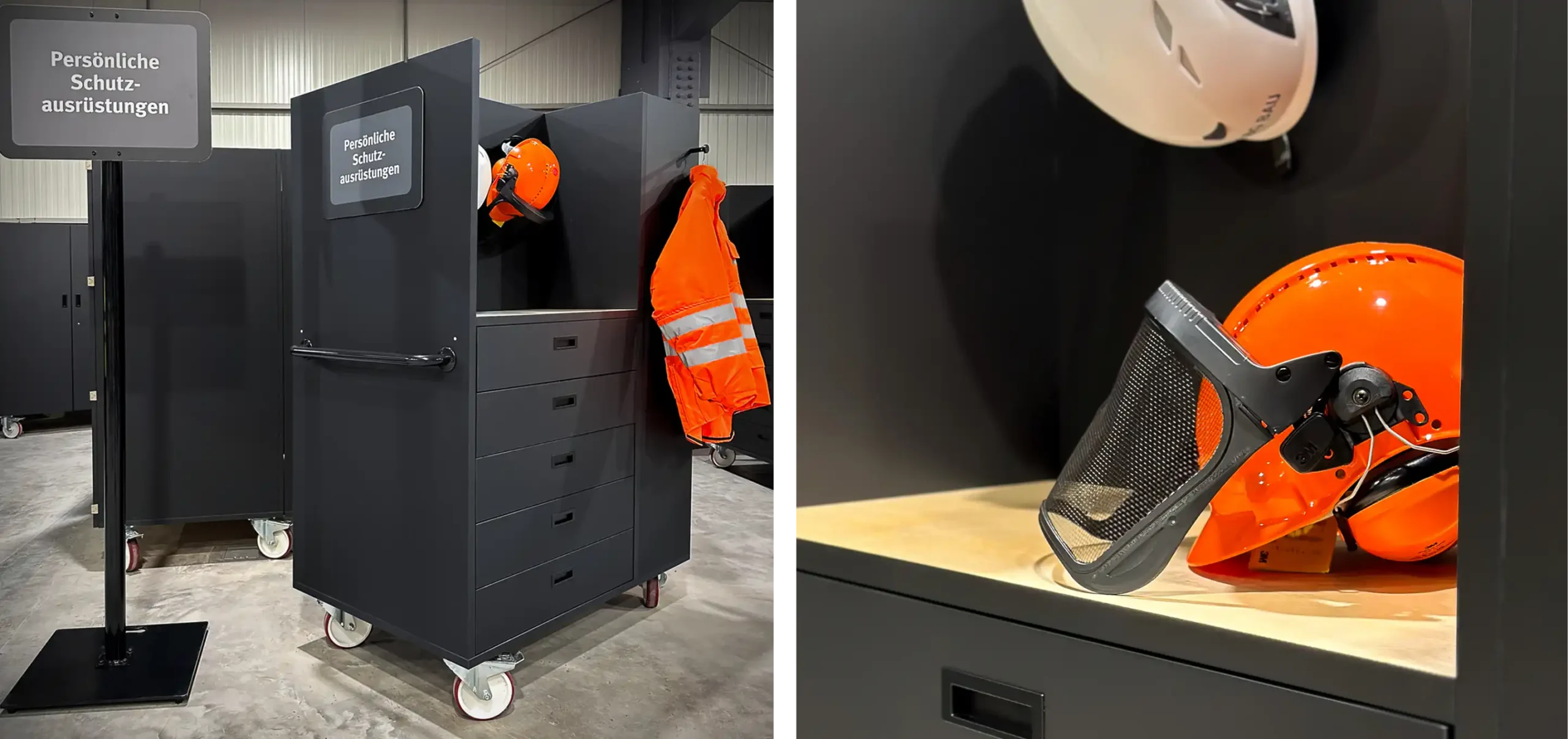 Ausstellungsraum BG BAU, Wandelement mit farbiger Leitidee und Produktvitrine