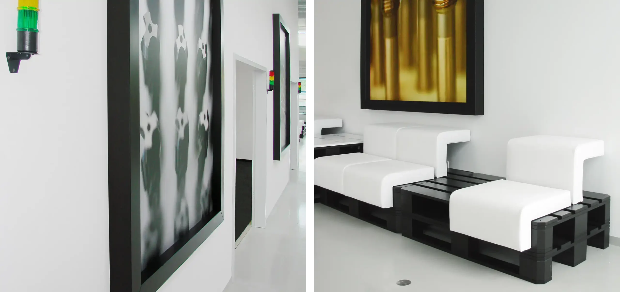 Showroom Komet, Gesamtansicht des wandelbaren Ausstellungsraums mit Ampelsystem zur Raumbelegung