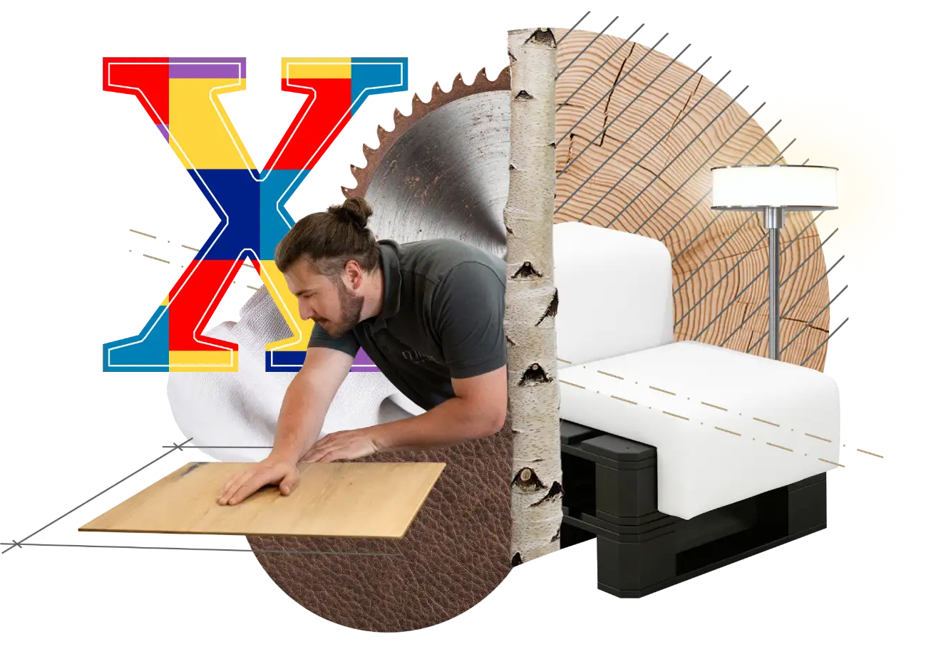 Bildkollage, Handwerker mit Holzplatte, Materialien, Hol, Leder, Birke, Lampe, Sitzpolster, X steht hier für besondere Projekte