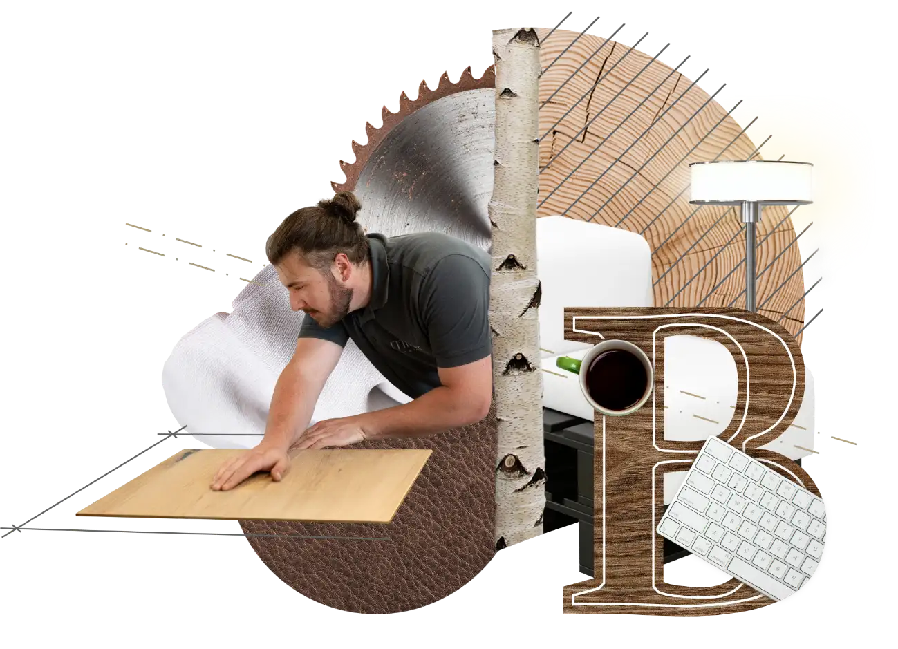 Bildkollage, Handwerker mit Holzplatte, Materialien, Hol, Leder, Birke, Lampe, Sitzpolster, B wie Büro