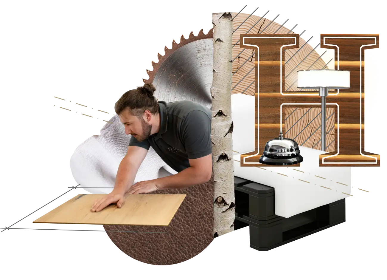 Bildkollage, Handwerker mit Holzplatte, Materialien, Hol, Leder, Birke, Lampe, Sitzpolster, H wie Hotel