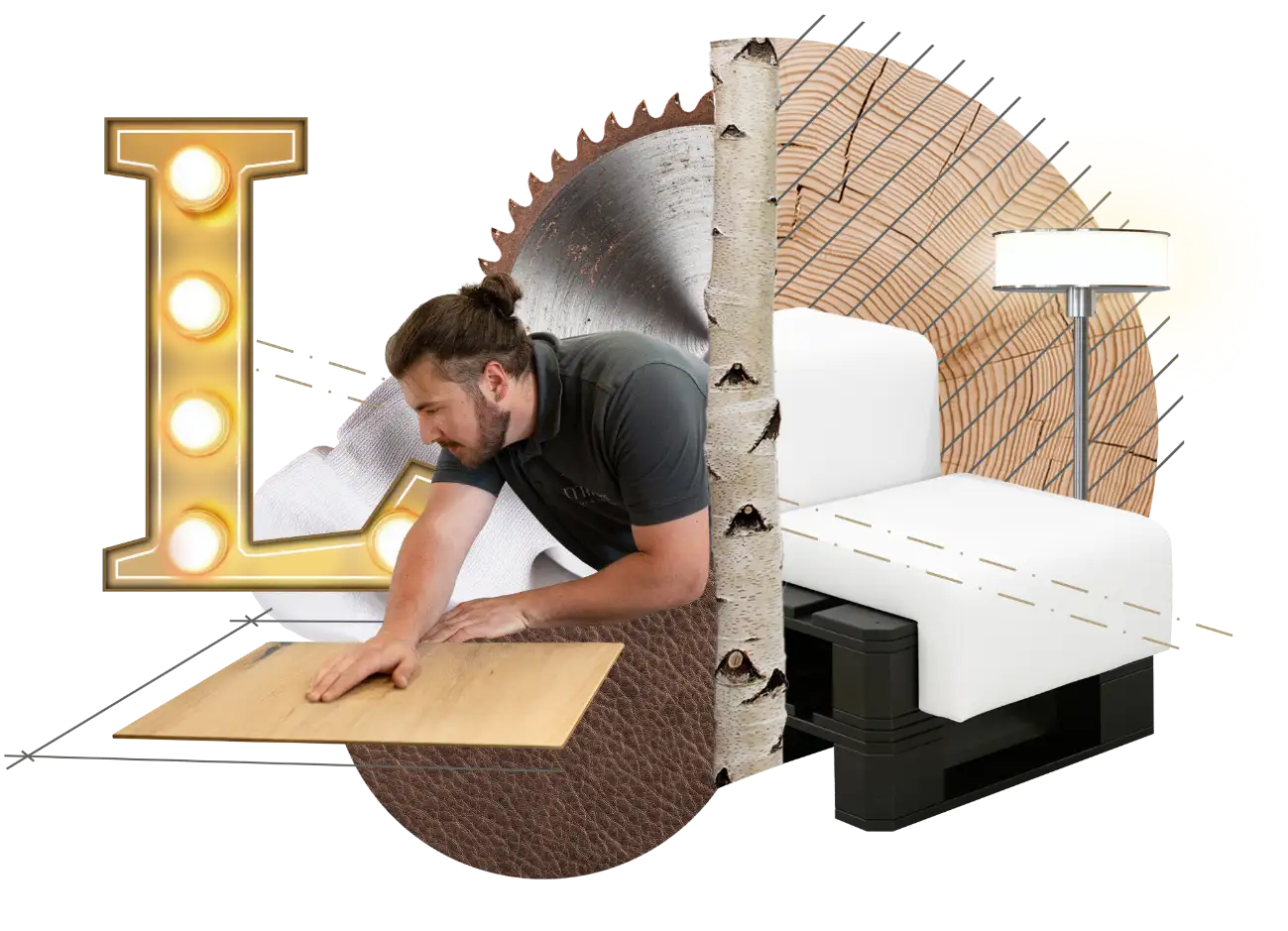 Bildkollage, Handwerker mit Holzplatte, Materialien, Hol, Leder, Birke, Lampe, Sitzpolster, L wie Ladenbau