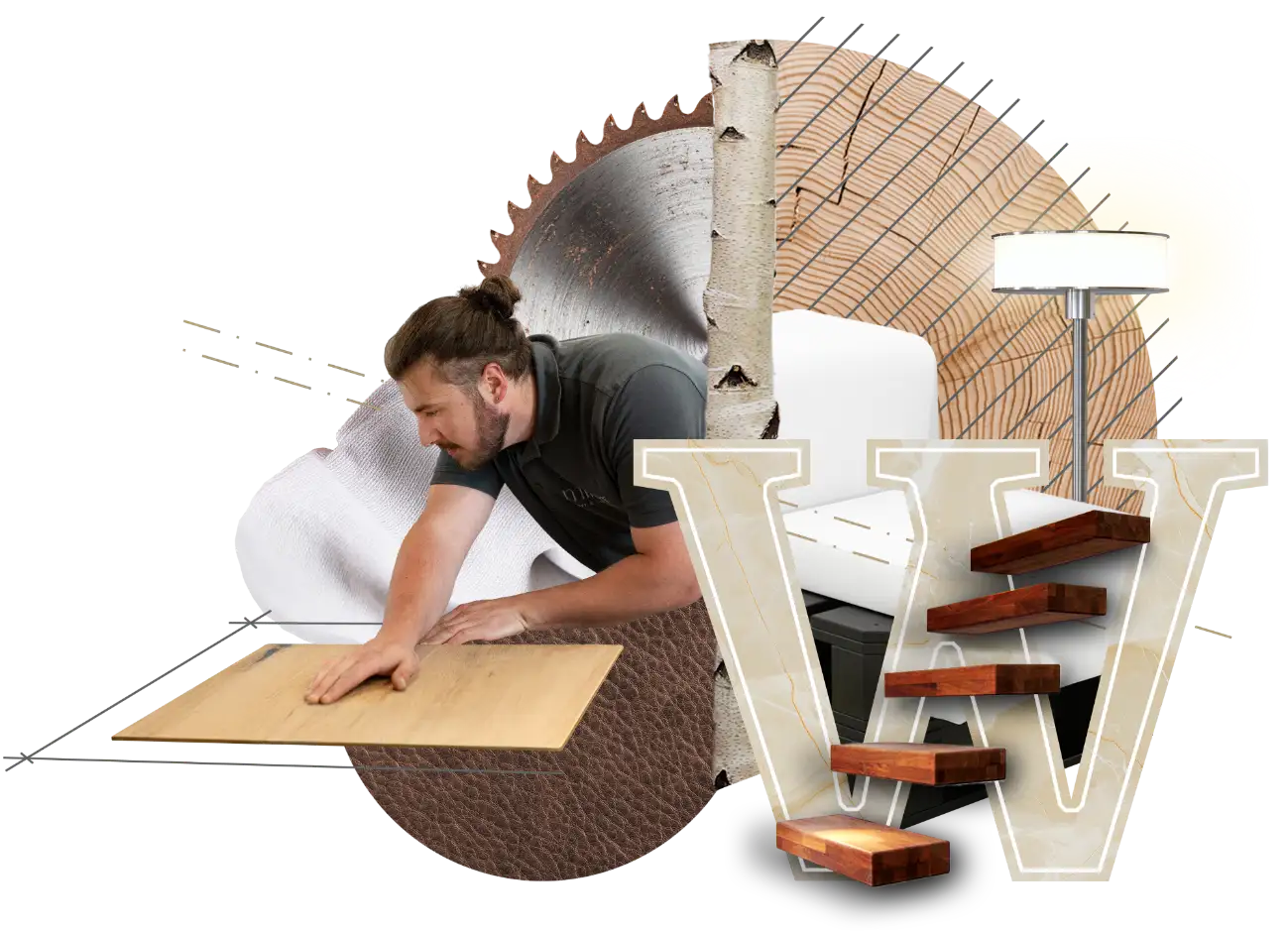 Bildkollage, Handwerker mit Holzplatte, Materialien, Hol, Leder, Birke, Lampe, Sitzpolster, W wie Wohndesign