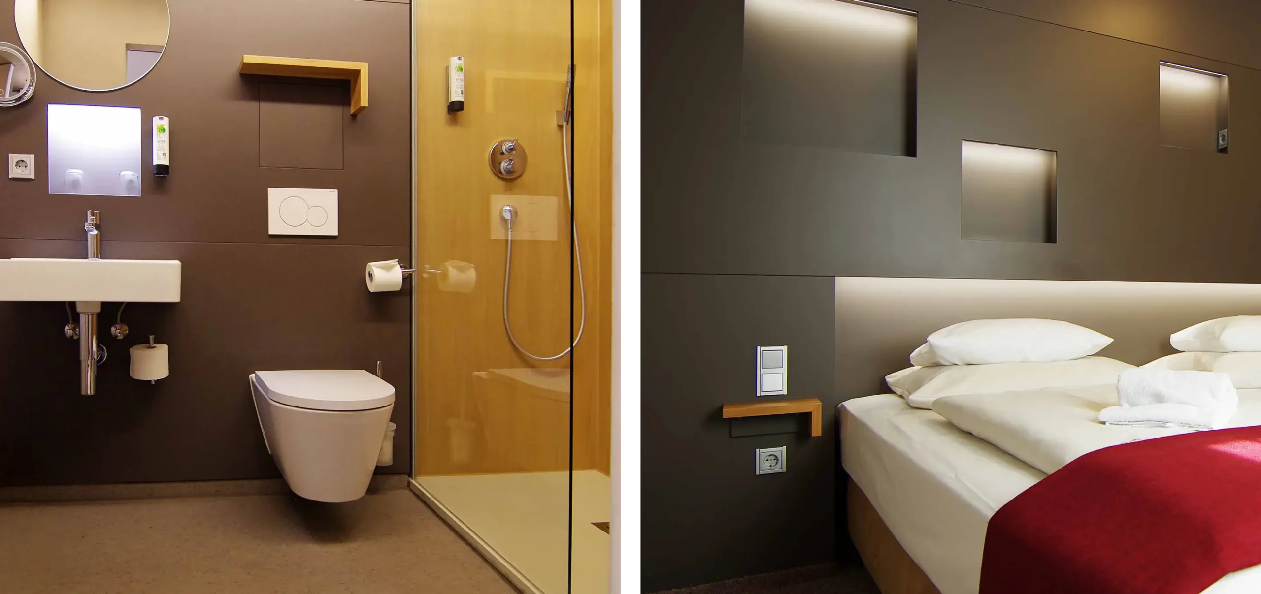 Hotel Neuthor, Gästebadezimmer, links Waschbecken, Toilette, rechts Duschkabine, Ablagen darüber Wandschalter, Gastzimmer mit Gästebett, Doppelbett, Ablage, Wandnischen mit indirekter Beleuchtung