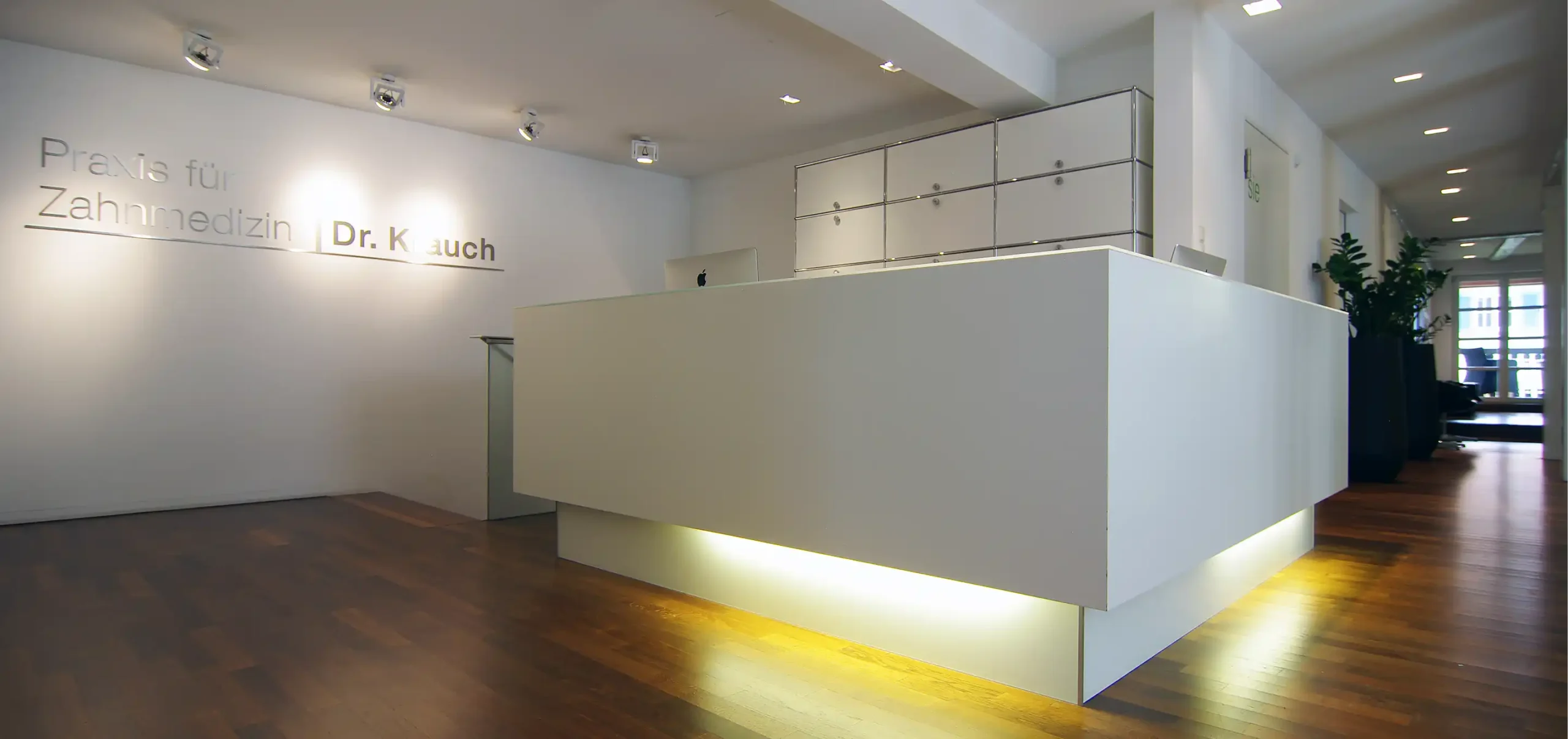 Empfangsbereich, Theke, indirekter Akzentbeleuchtung, verlegte Holzdielen, UBS Kombischränke, Zahnarztpraxis Krauch, Stadt:Ulm
