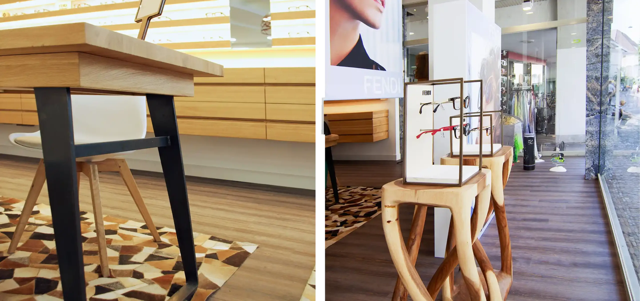Optikergeschäft, AHA Augenoptik, Freiburg, Verkaufsraum, Detailansicht vom Tisch, Tischbein und Bestuhlung