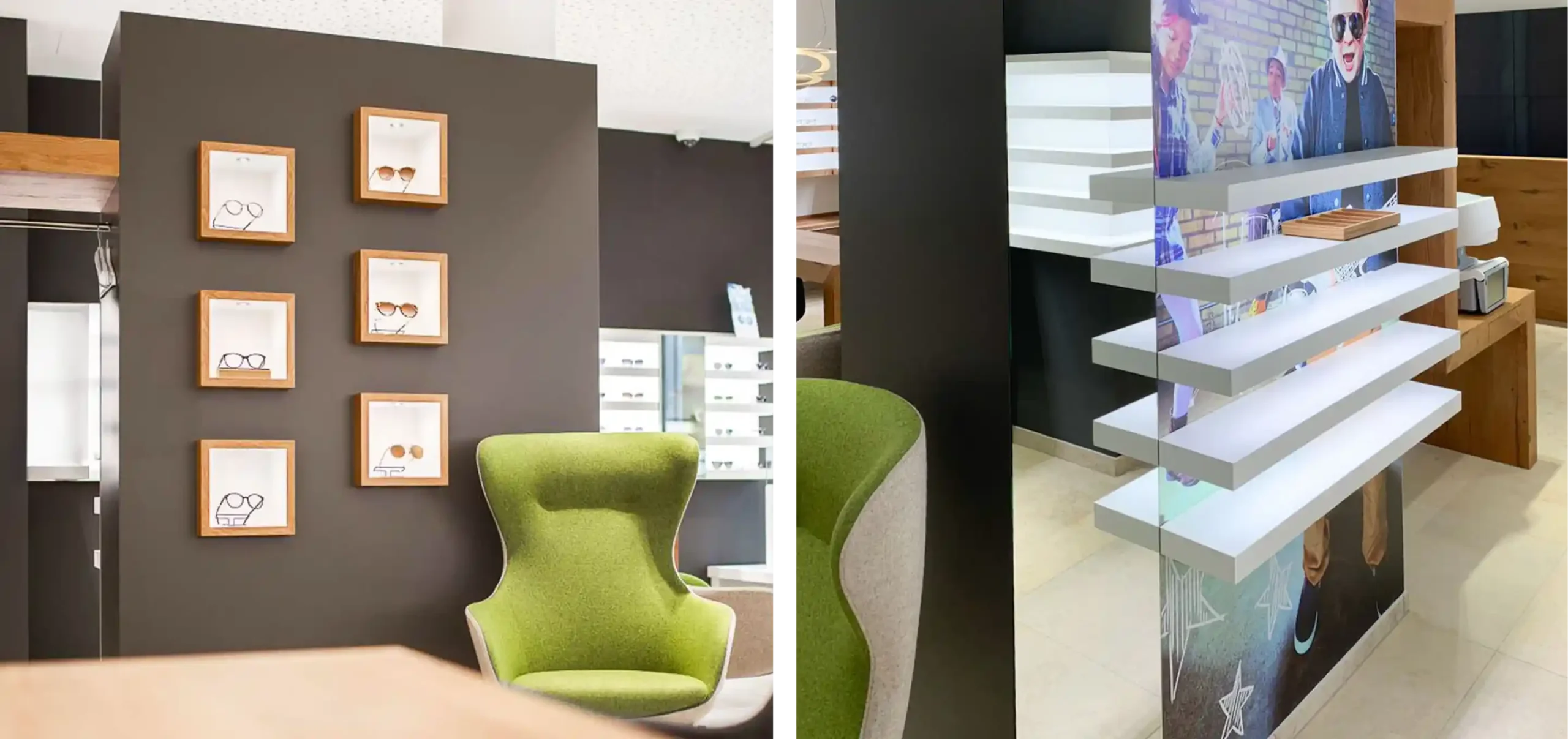 Optikergeschäft, Verkaufsraum, Optik Strate, Stadt: Denzlingen, Möbeldesign, Stühle, Sideboard, Sessel, Regale, Designkonzept