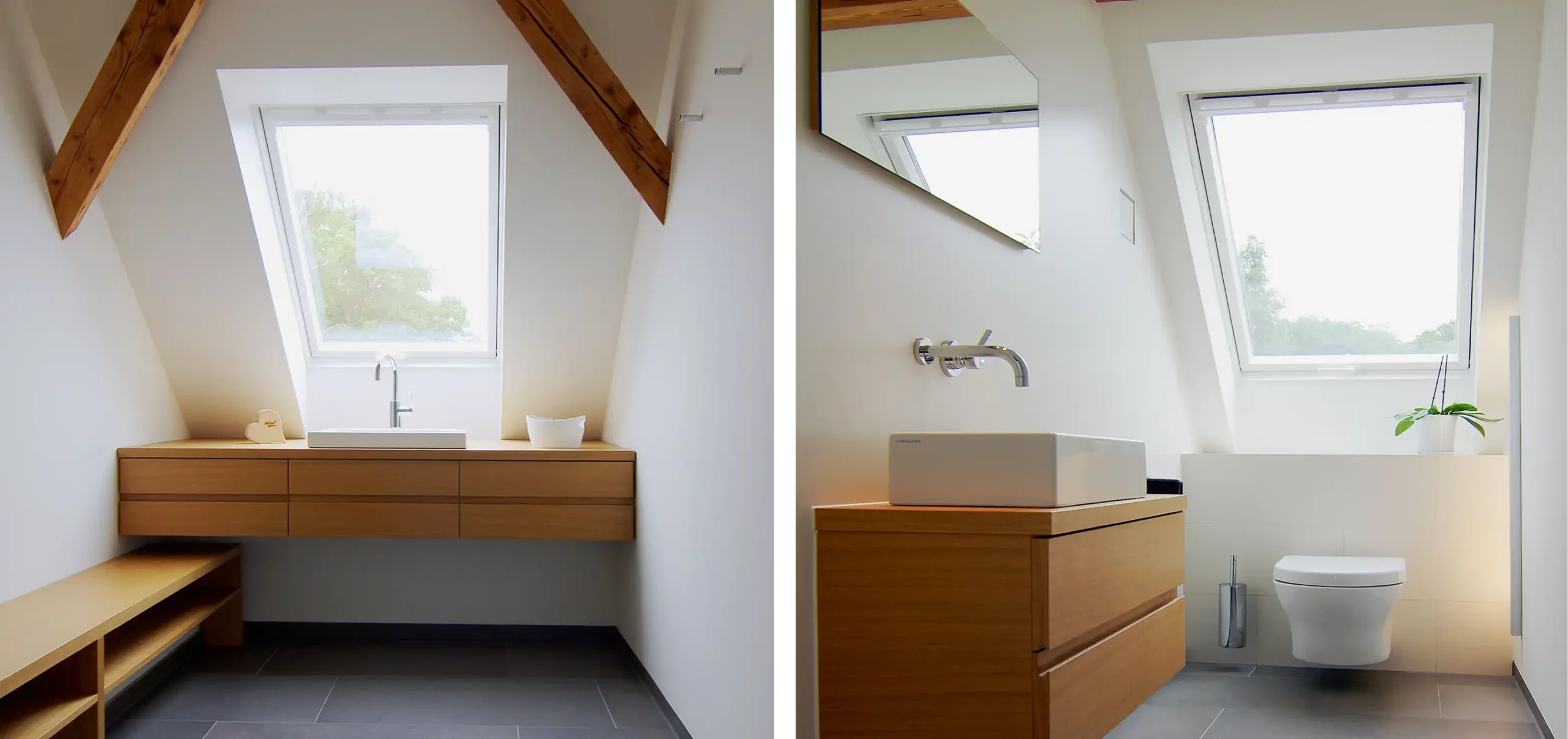 Badezimmer im Dachbereich, Waschbecken mit Unterschrank aus Holz
