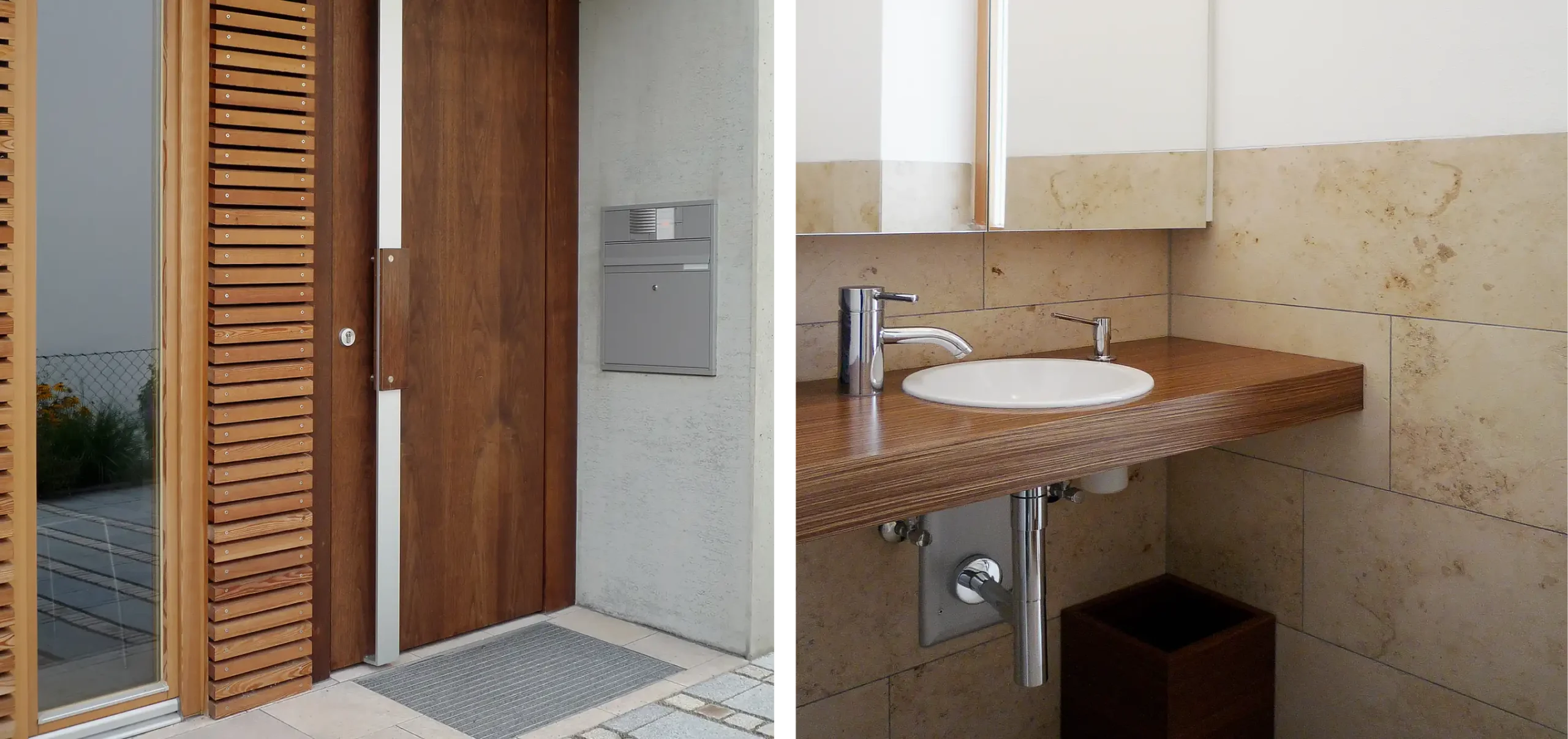 Geteiltes Bild, links Hauseingangsbereich, Tür aus Holzpaneelen mit Verglasung bis zum Boden, Links Badezimmer Waschbecken in massiver Holzplatte eingefasst