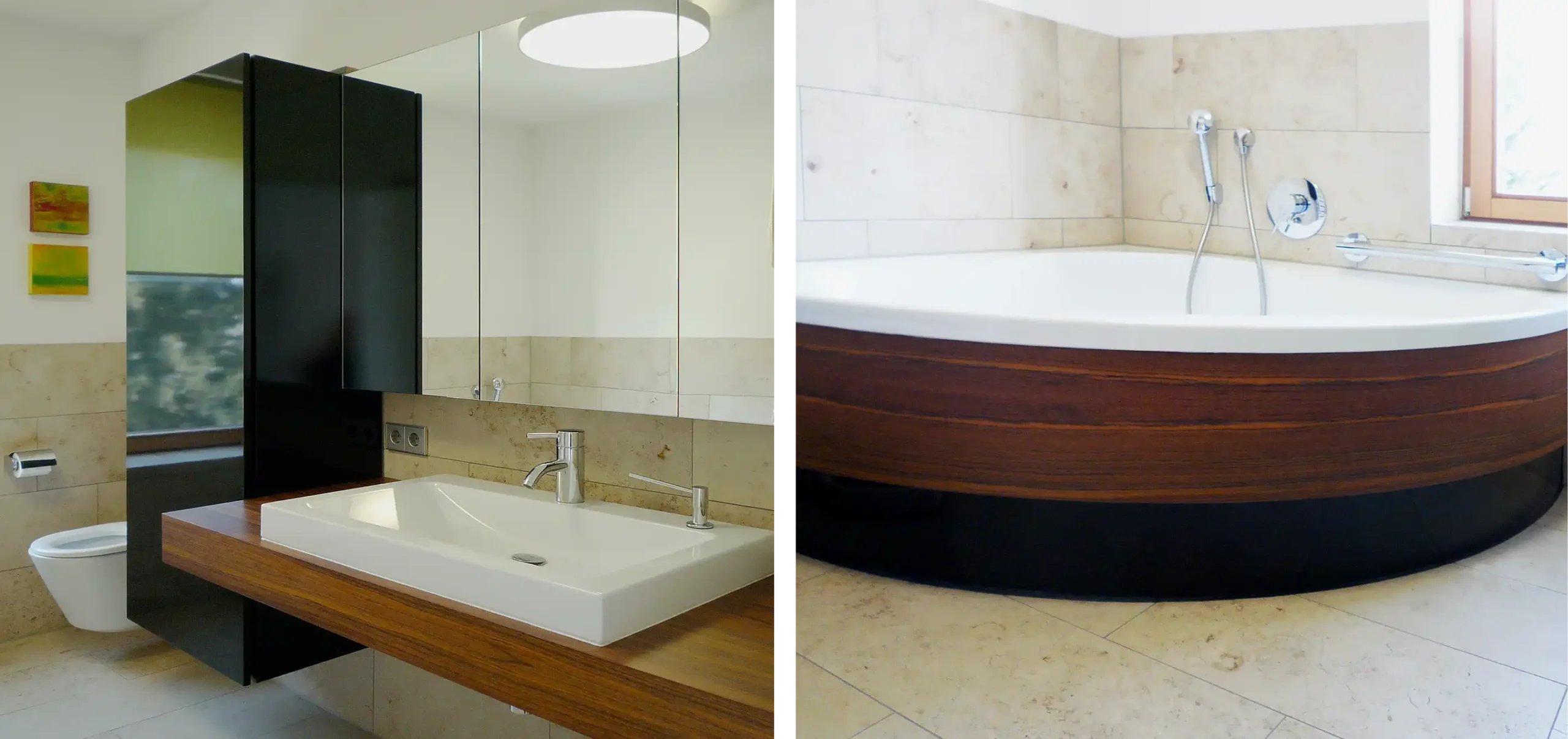 Badezimmer, Duschwanne mit Holzverkleidung