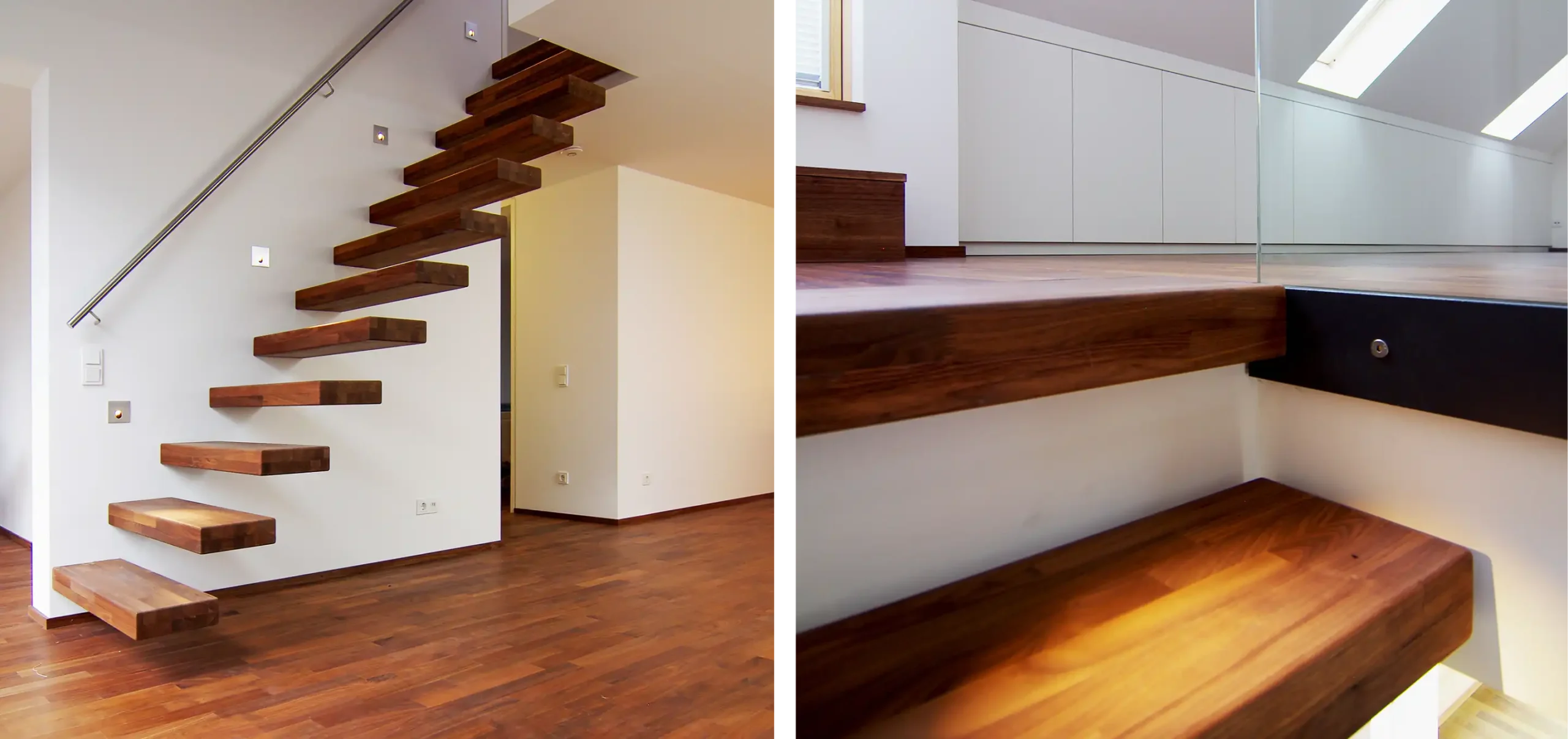 Sonderanfertigung der Treppe aus Holz ohne Geländer, Detailansicht der Stufen aus Holz