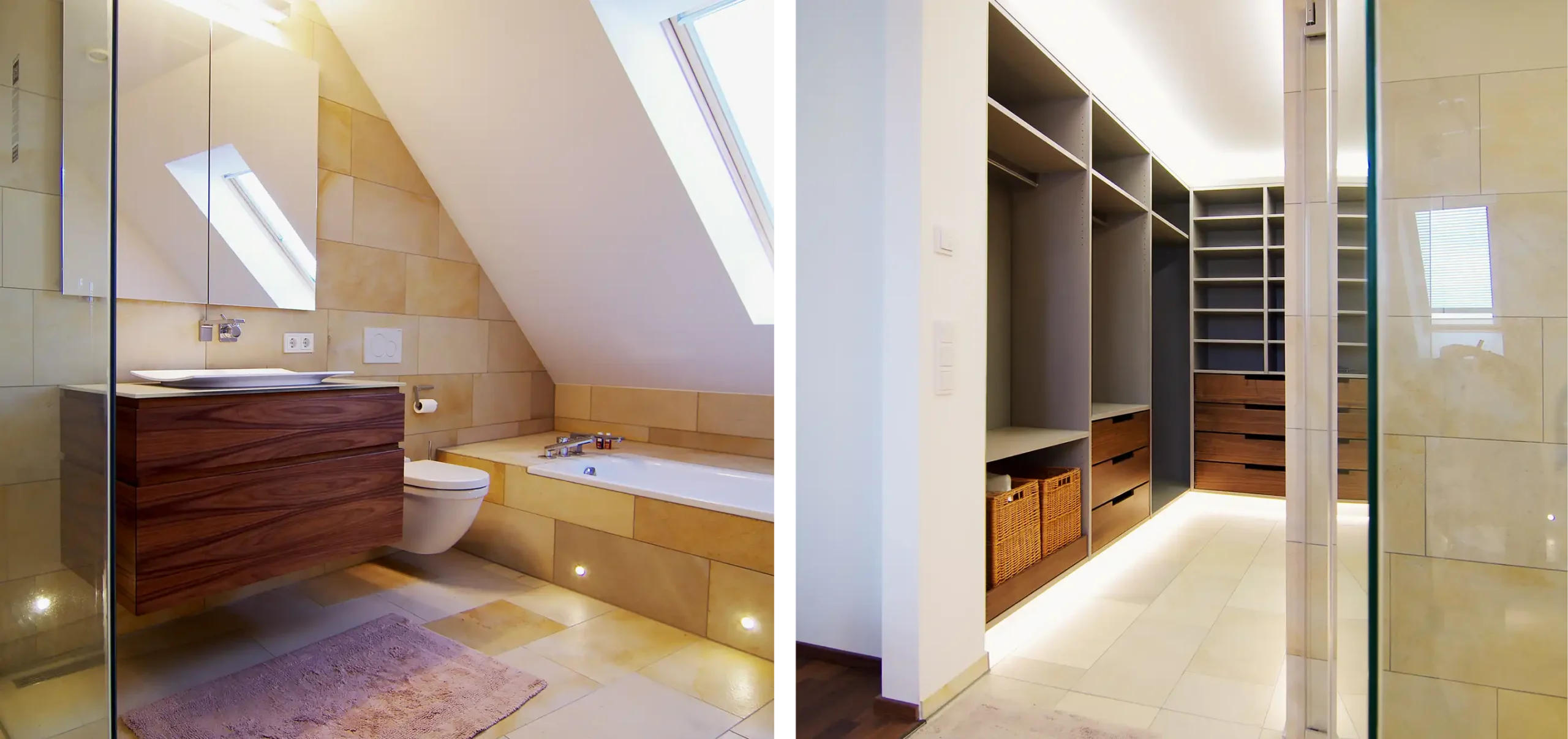 Badezimmer, Waschbecken mit Unterschrank aus Holz, welches eine Sonderanfertigung von Miller Ladenbau ist, daneben, Zimmer mit maßgefertigten Einbauschränken