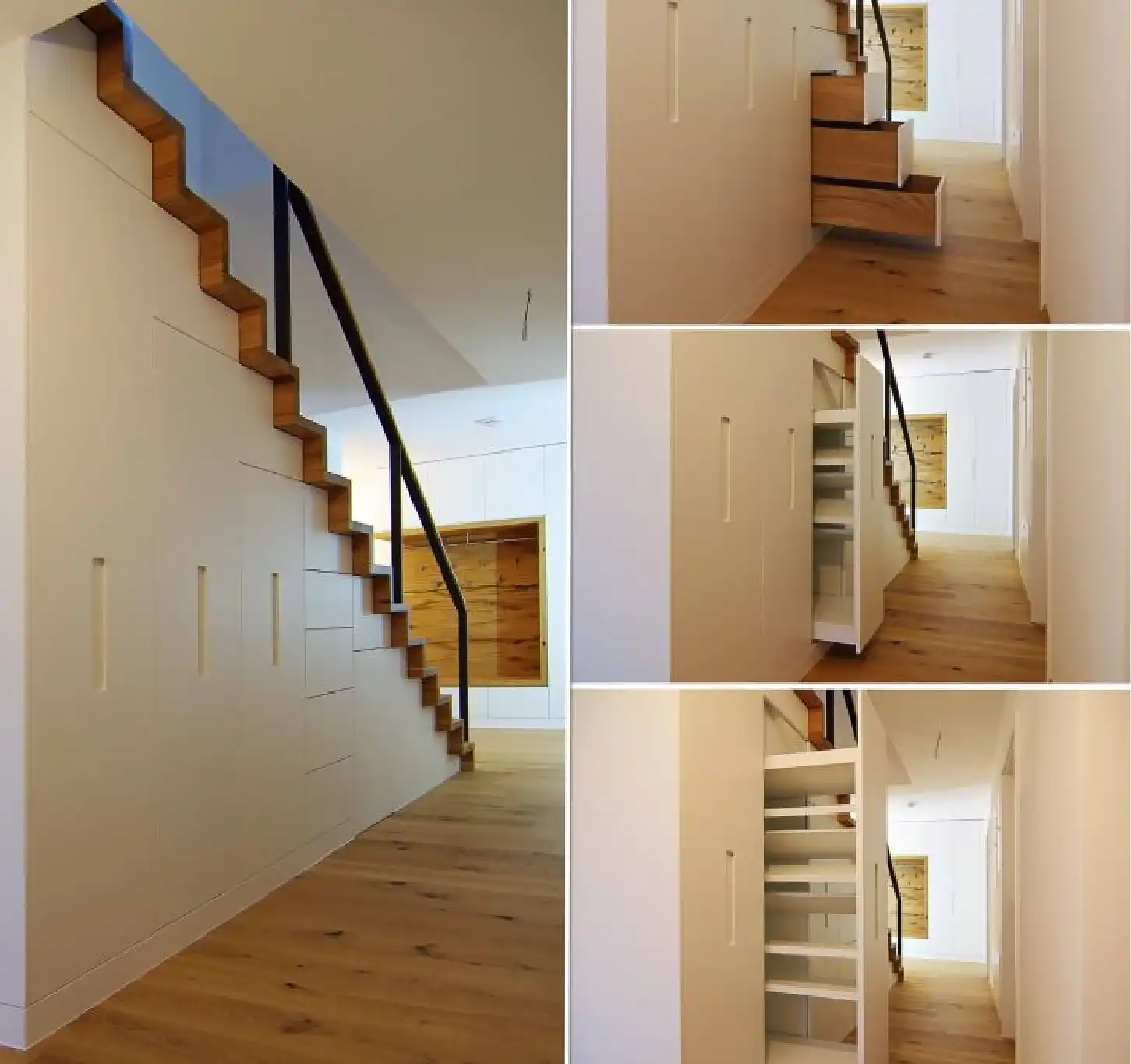 Innenausbau, Maßanfertigungen der Treppe, Oberfläche der Front mit  integrierter Grifffräsung der Schubladen
