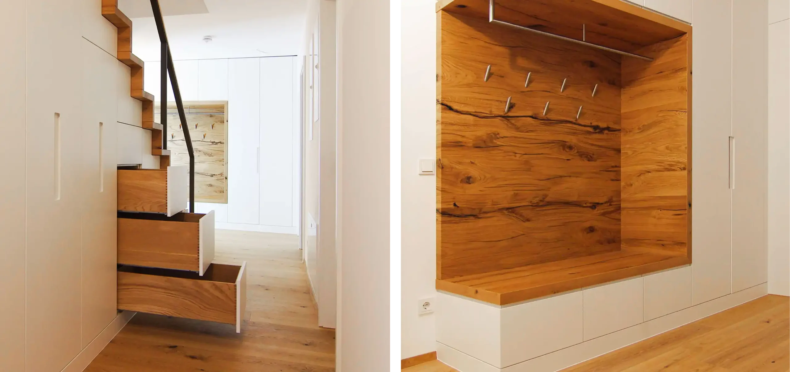 Treppe mit speziell gefertigten Unterschrank, Verblendung mit integrierter Grifffräsung. Wandschrank mit integrierter Gasrobe