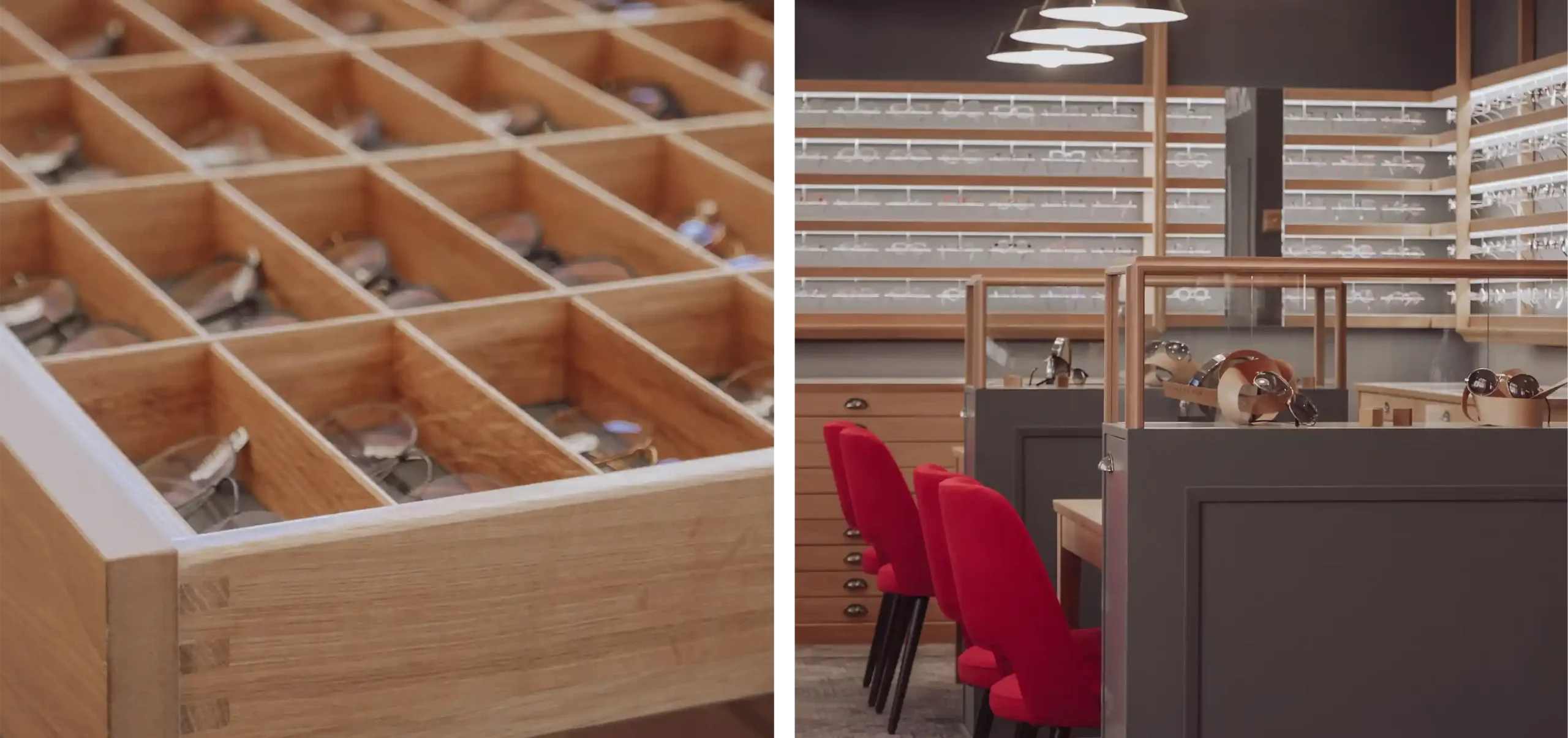 Optikergeschäft, Verkaufsraum Schiborr, Schubladen